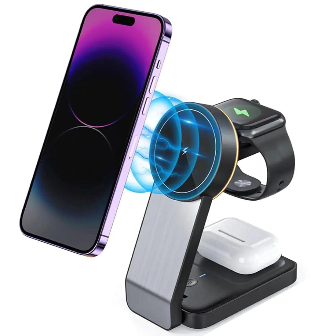 Suport pliabil incarcare wireless 3 in 1 pentru telefon, tip dock, telefon, ceas si casti SuperUtil.ro