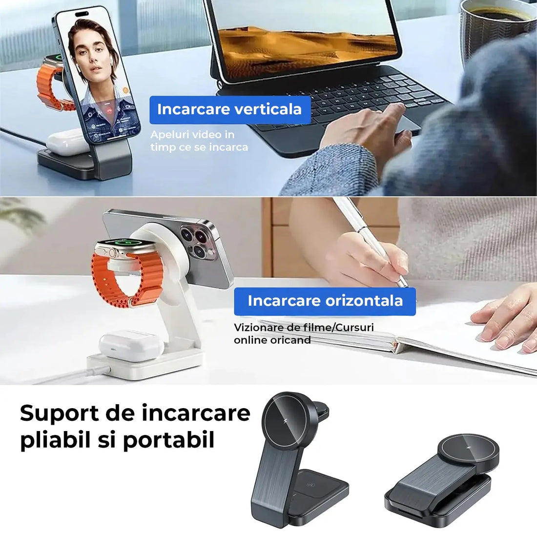 Suport pliabil incarcare wireless 3 in 1 pentru telefon, tip dock, telefon, ceas si casti SuperUtil.ro