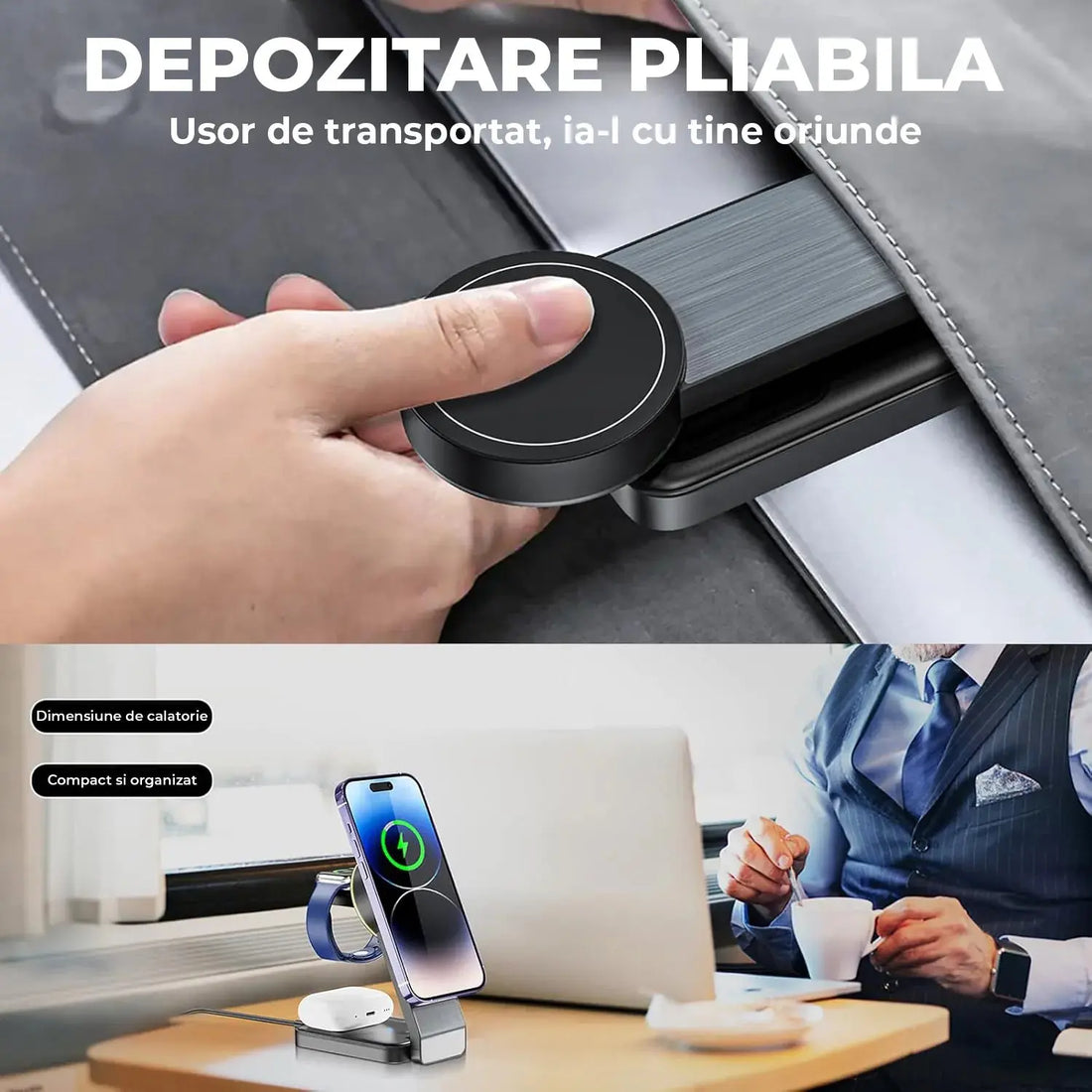 Suport pliabil incarcare wireless 3 in 1 pentru telefon, tip dock, telefon, ceas si casti SuperUtil.ro