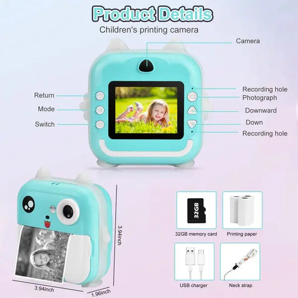 Aparat foto digital cu imprimare termica pentru copii, focalizare automata, display color de 2,4 inch 1080P Full HD SuperUtil.ro