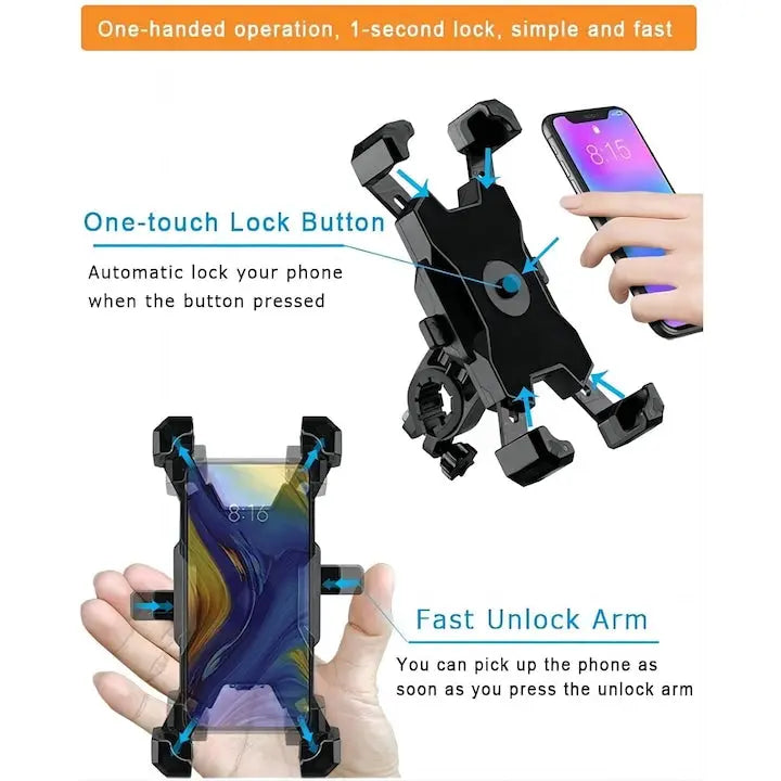 Suport Telefon Pentru Bicicleta/motocicleta, Reglare la 360°, Brat de clema puternic, 3.5-6.8", Negru SuperUtil.ro