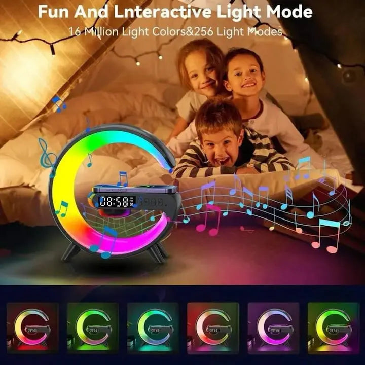 Lampa Smart G LED RGB, ceas cu alarma, difuzor Bluetooth, incarcator rapid wireless si radio SuperUtil.ro