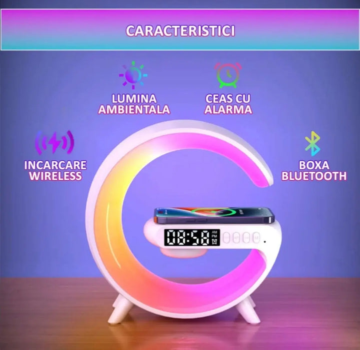 Lampa Smart A RGB, ceas cu alarma, difuzor Bluetooth si incarcator rapid wireless SuperUtil.ro