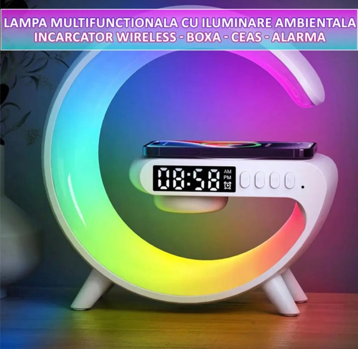 Lampa Smart A RGB, ceas cu alarma, difuzor Bluetooth si incarcator rapid wireless SuperUtil.ro