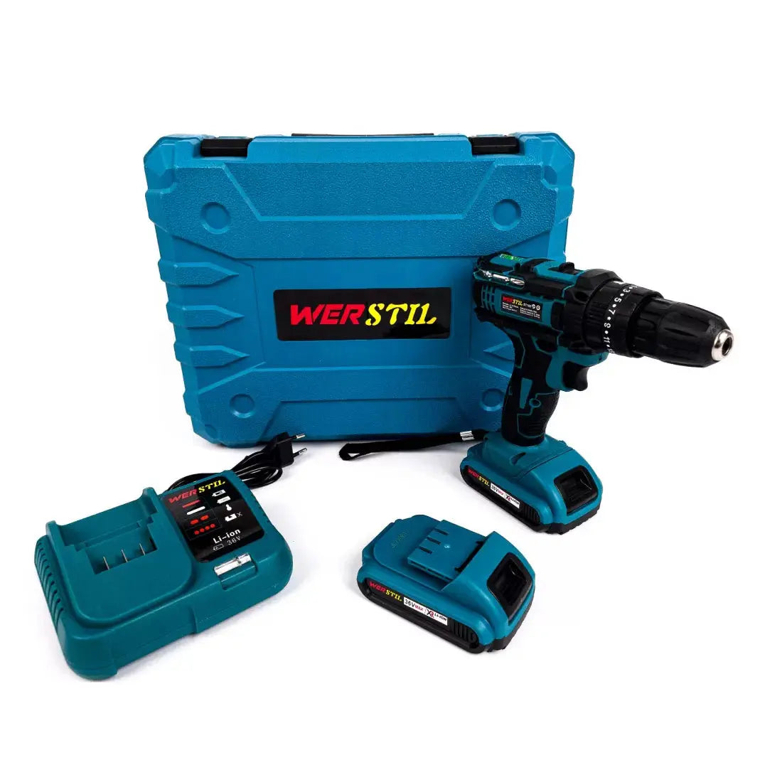 Trusa Bormasina WERSTIL cu 2 Acumulatori 36V 5Ah, Autofiletanta cu Percutie cu 30 de accesorii SuperUtil.ro